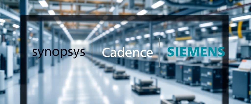 Logos of Synopsys, Cadence, and Siemens displayed on a digital screen, with semiconductor manufacturing facility in the background