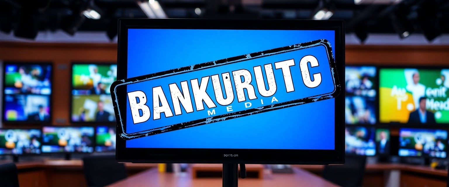 Television screen displaying Merit Street Media logo with a 'Bankruptcy' stamp overlaid, set in a newsroom background