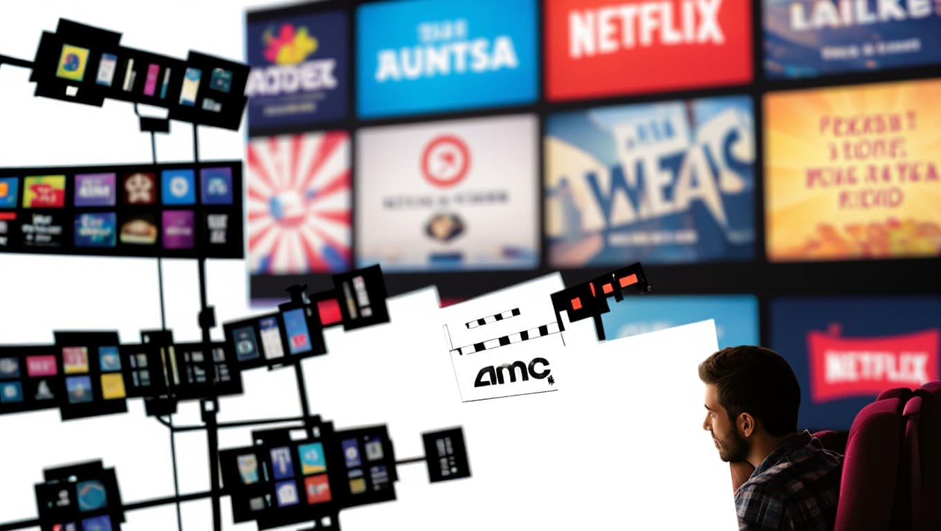 A moviegoer in an AMC theater looking up at a screen filled with advertisements before the start of the movie.
