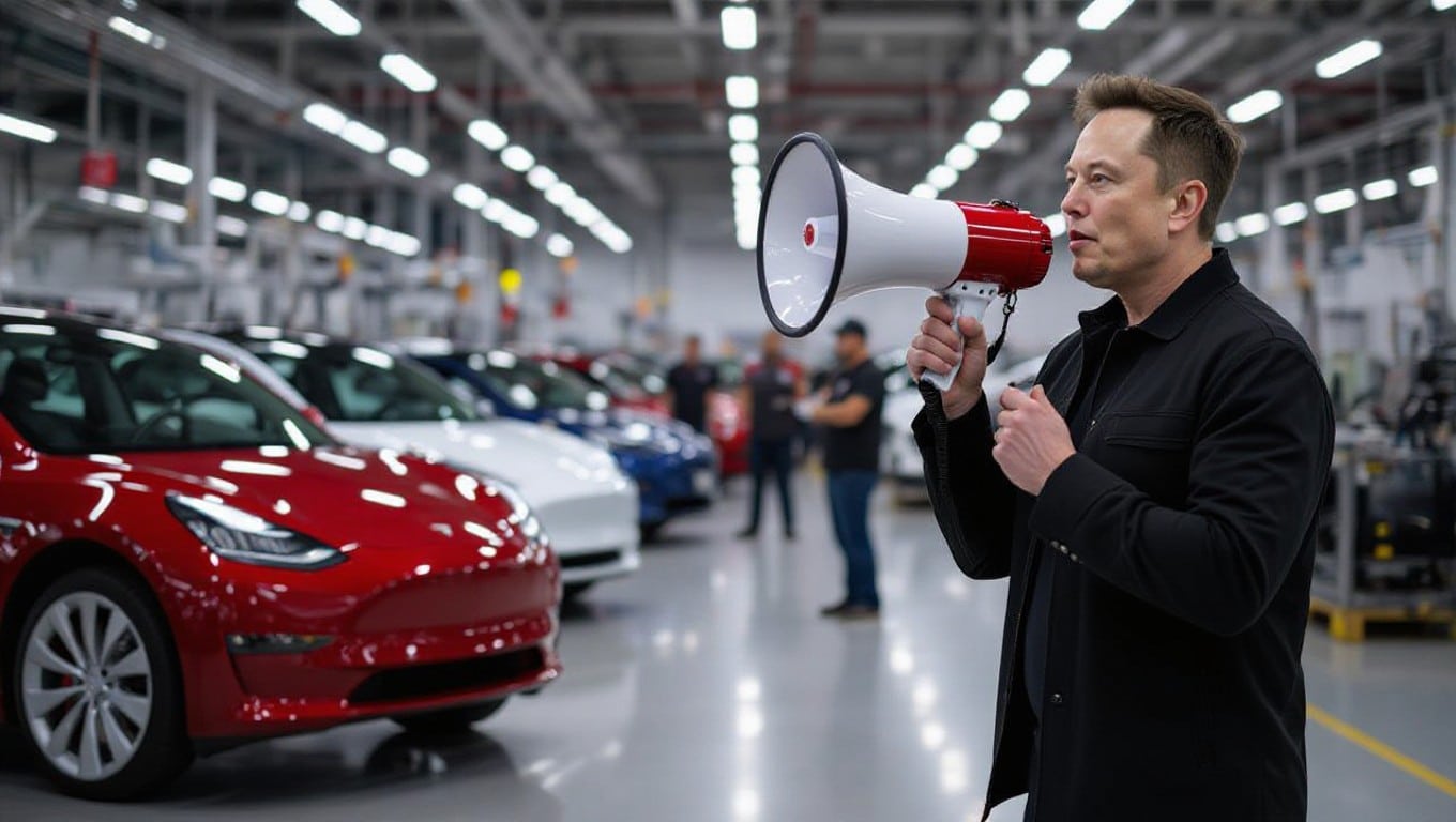 Elon Musk holding a megaphone outside a Tesla factory, symbolizing the tension between his political actions and the company’s operations.