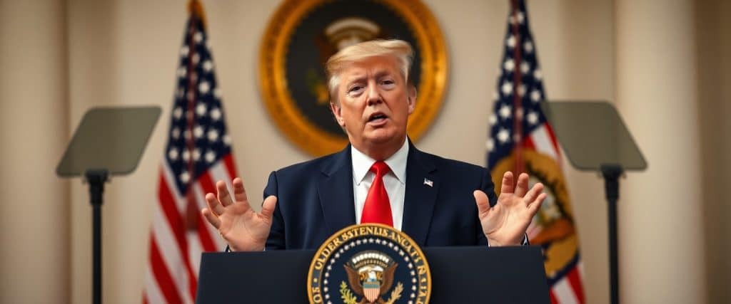 President Trump delivering a speech at the White House, announcing new tariffs on countries supporting BRICS' policies