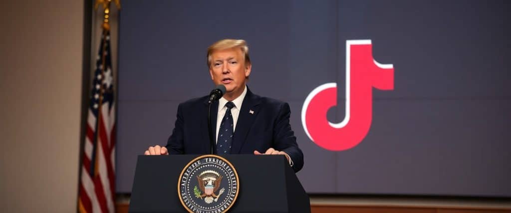 President Trump at a podium with TikTok logo, announcing progress on the TikTok deal