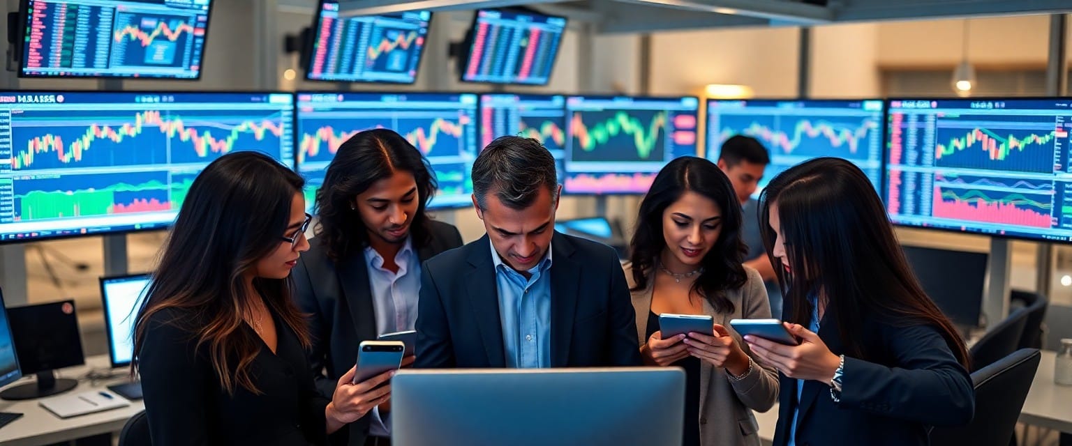 Diverse group of professionals analyzing Bitcoin charts on digital devices in a modern office setting