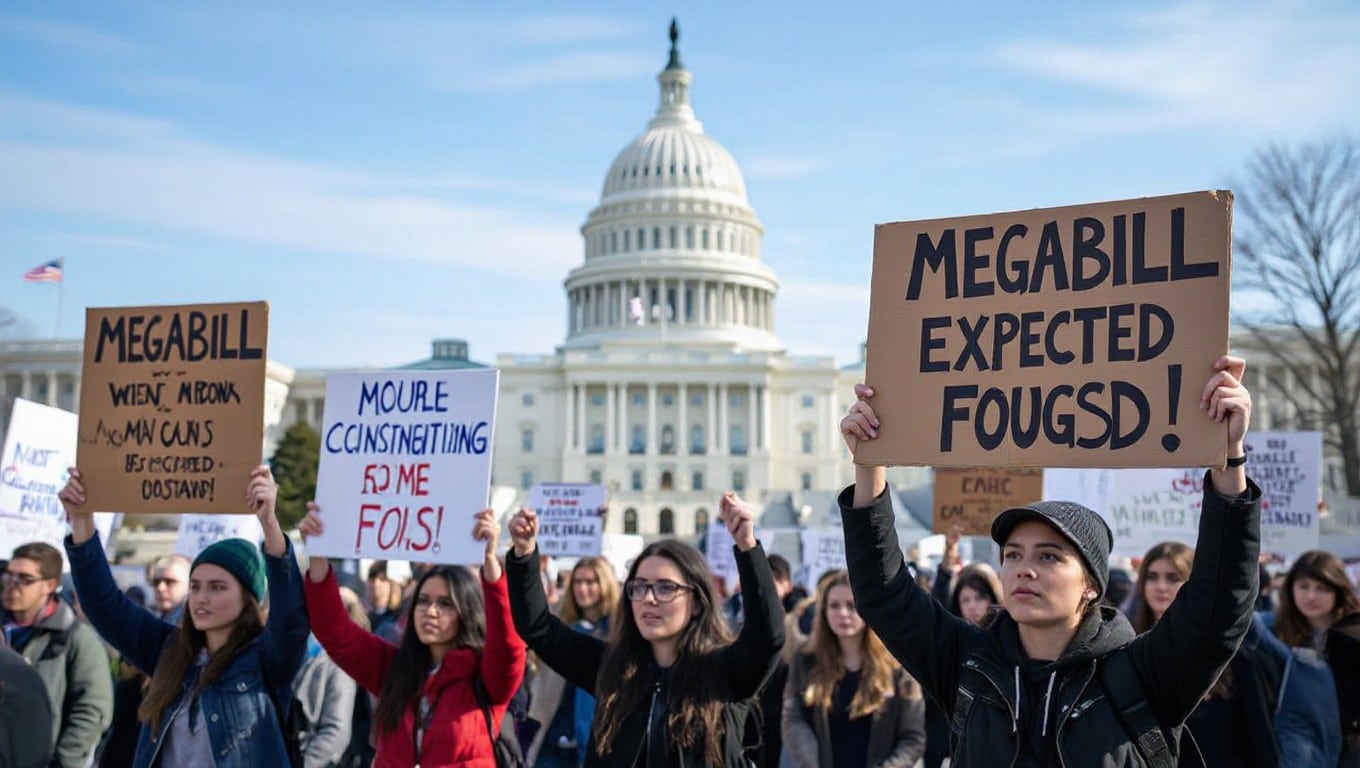 A protest with signs about Trump’s Megabill, reflecting the public's mixed reactions to the bill's potential consequences.