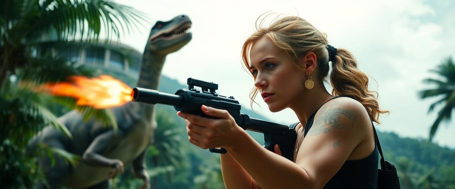 Scarlett Johansson as Zora Bennett aiming a tranquilizer gun in 'Jurassic World Rebirth.'