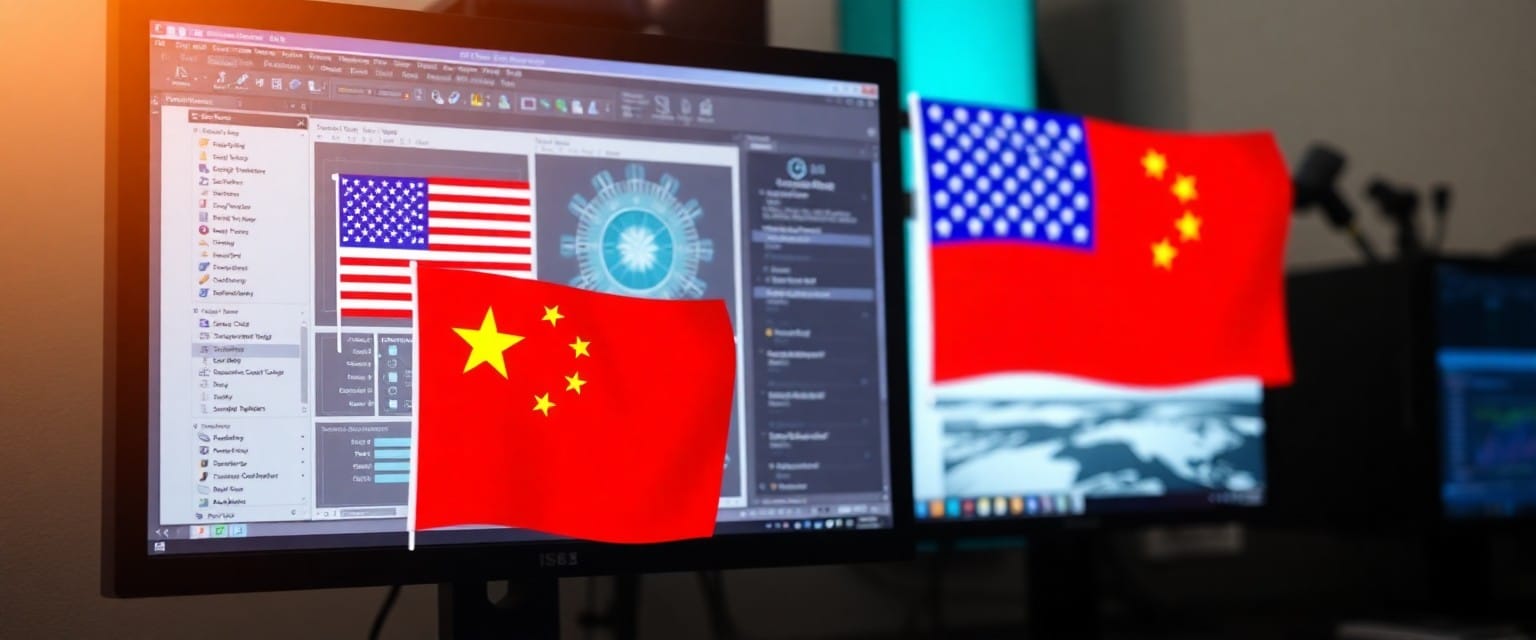 Computer screen displaying semiconductor design software interface, with U.S. and China flags in the background