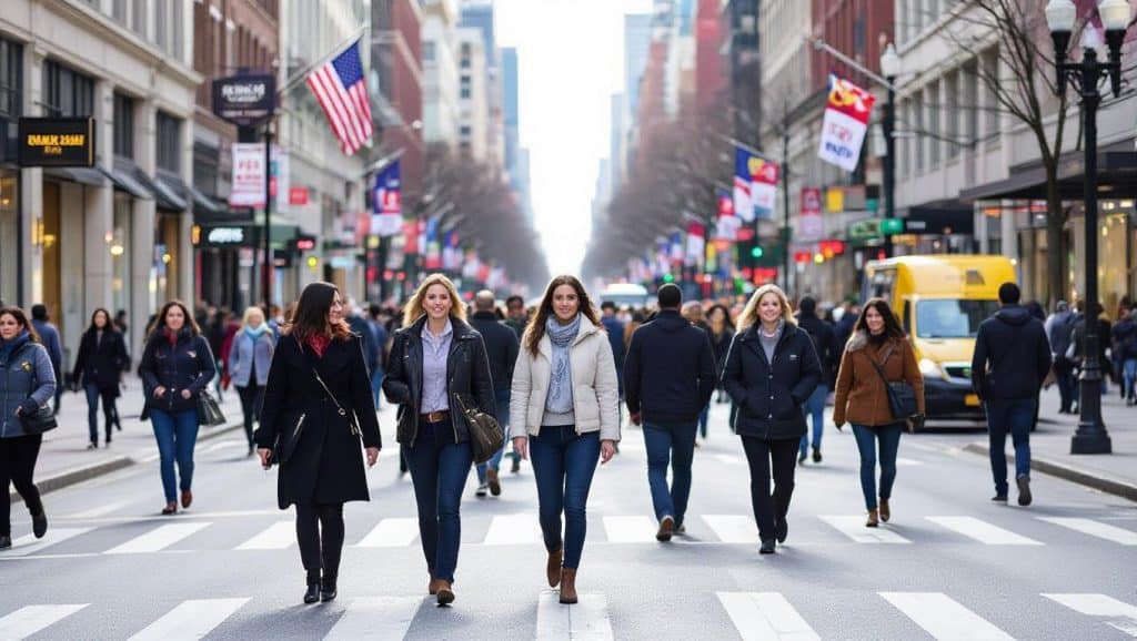 bustling city street symbolizing the US economy's job growth, with businesses hiring and the labor market showing signs of strength.
