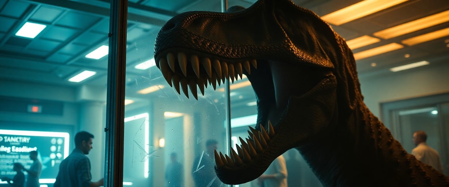 Characters trapped inside a facility with a dinosaur claw reaching through glass in 'Jurassic World Rebirth.'