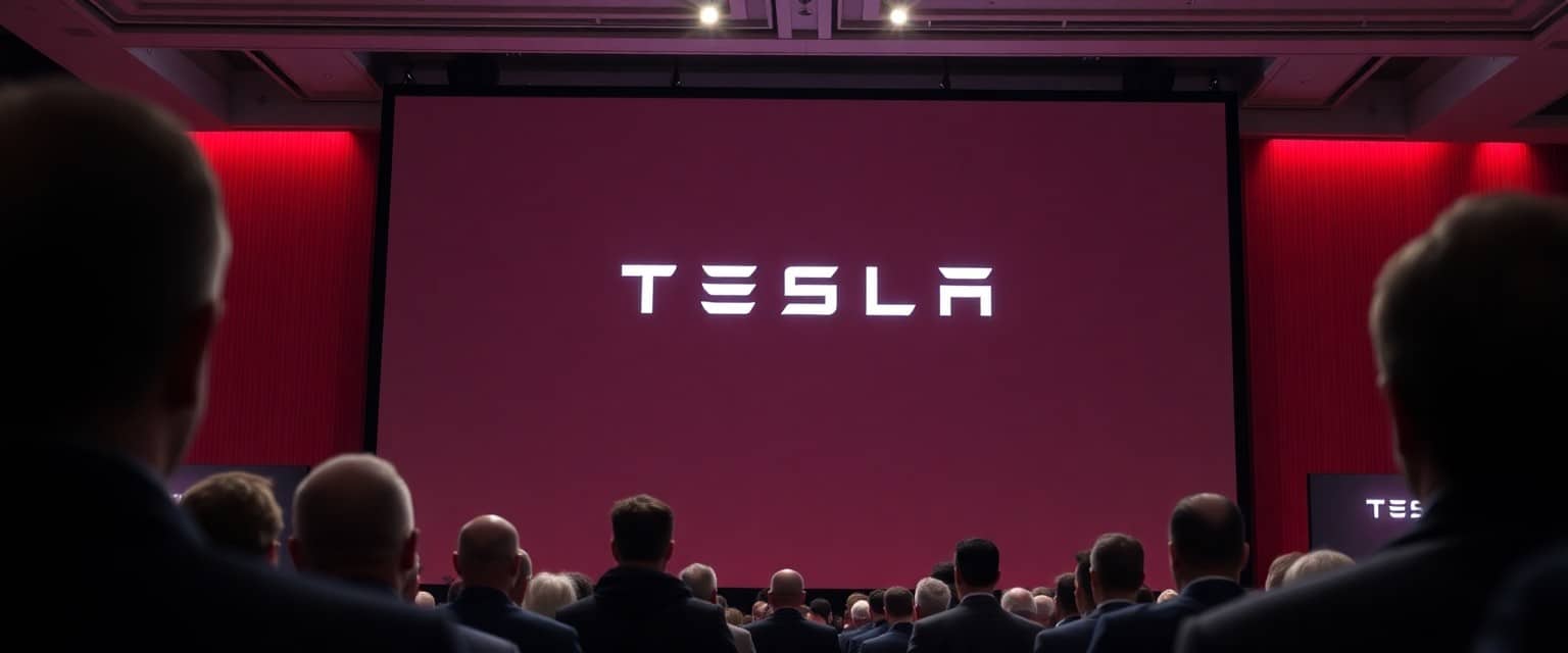 Tesla logo displayed on a screen at the shareholder meeting with attendees in the foreground