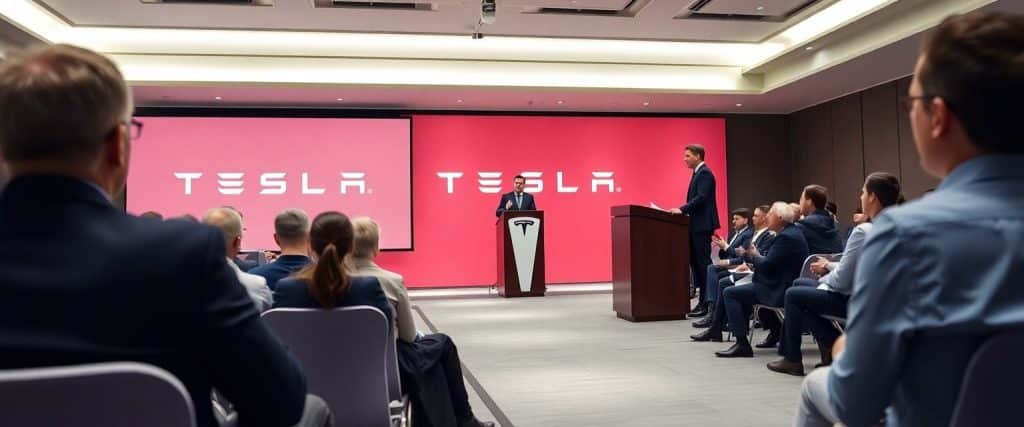 Elon Musk speaking at the Tesla shareholder meeting with attendees in the audience