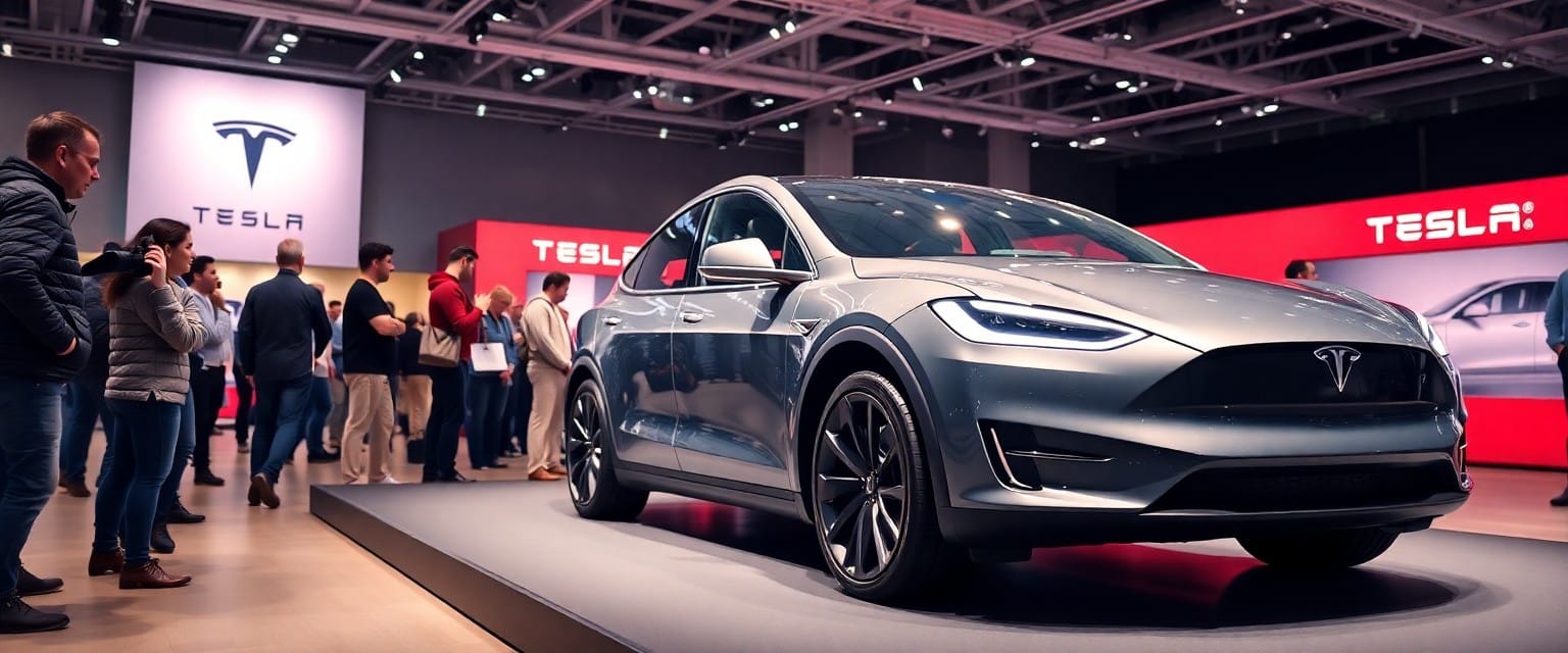 Tesla vehicle on display at the shareholder meeting with attendees interacting
