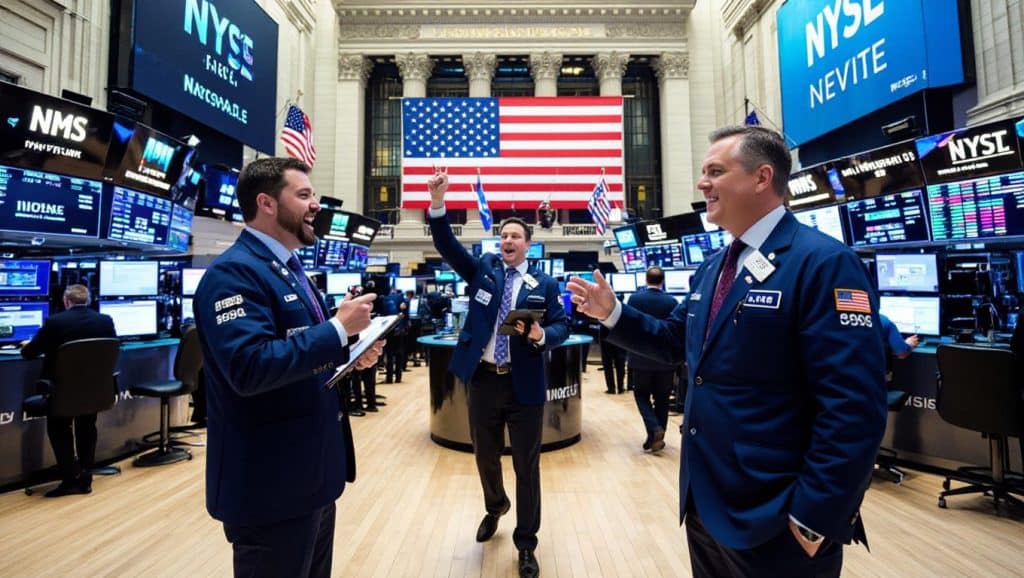 Traders at the New York Stock Exchange celebrating as the Dow Jones Industrial Average hits a new record high.