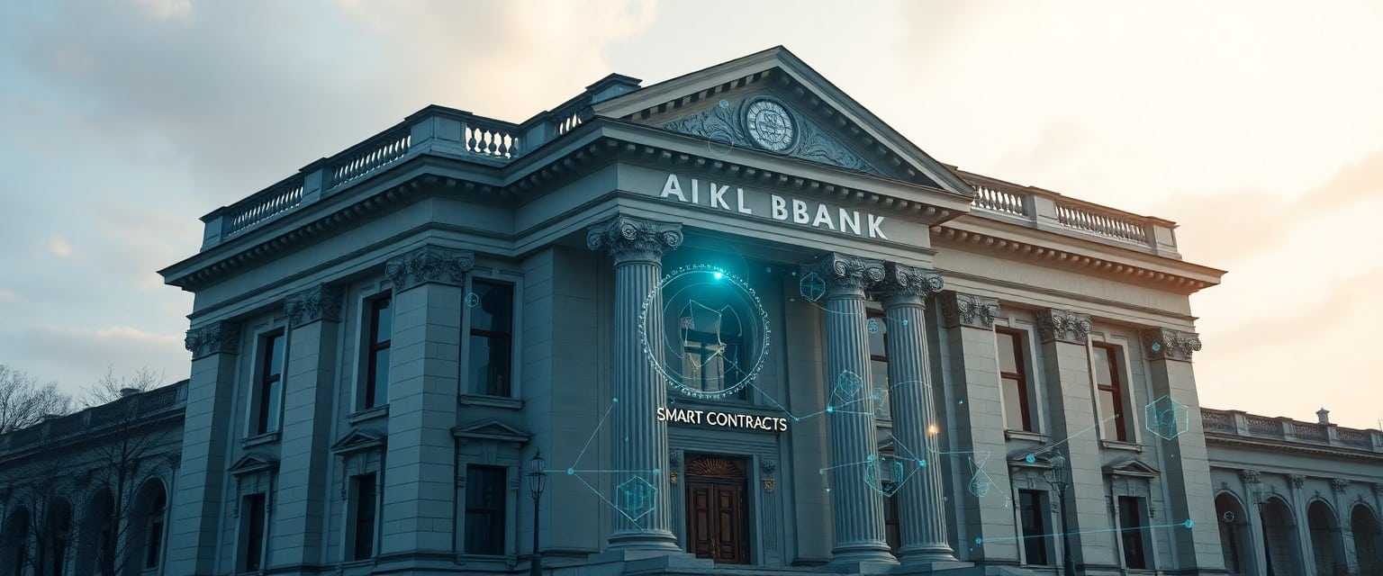 Traditional bank building transforming into a digital structure with elements of blockchain and smart contracts