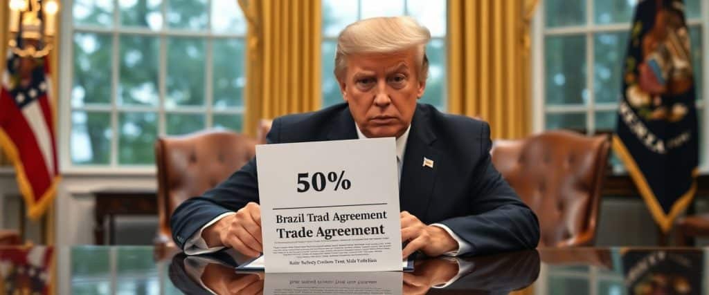 President Donald Trump signing a trade agreement with a 50% tariff label on Brazilian imports