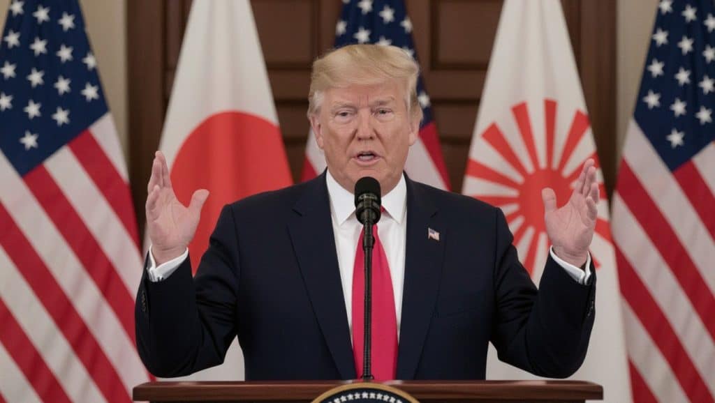 Donald Trump warns Japan about the possibility of not securing a trade deal with the US, with flags of both countries in the background.