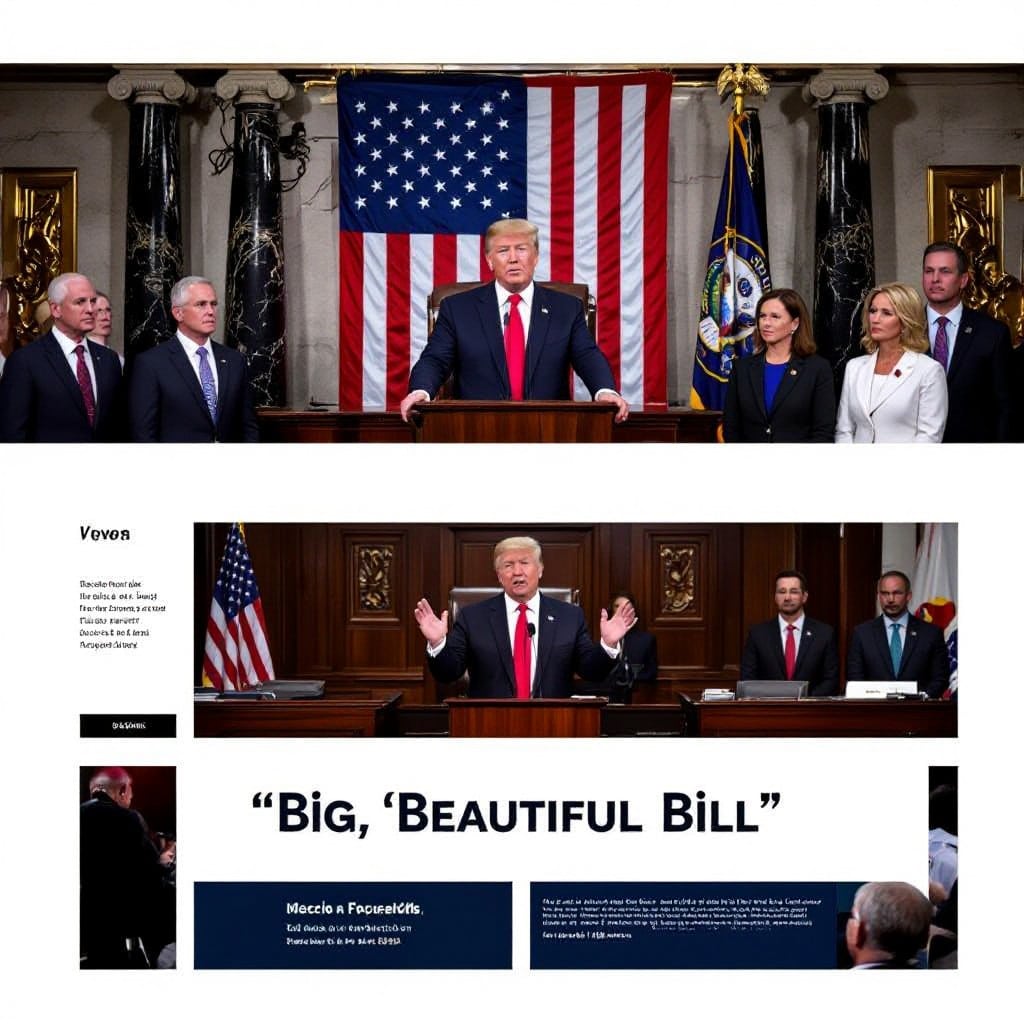 Trump’s ‘Big, Beautiful Bill’ displayed on a podium in the Senate, surrounded by lawmakers, reflecting the high-stakes voting session.