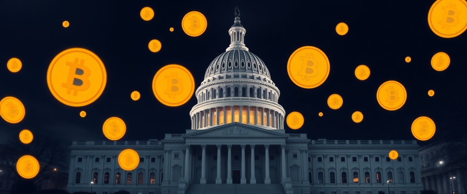 U.S. Capitol building surrounded by floating Bitcoin symbols, symbolizing cryptocurrency regulations