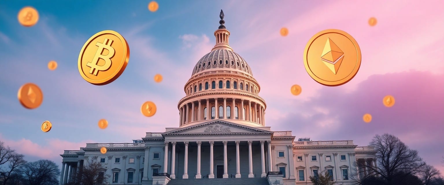 U.S. Capitol building surrounded by floating digital currency symbols like Bitcoin and Ethereum