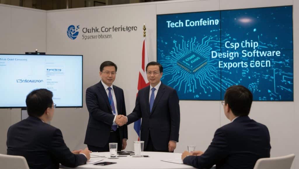 US and Chinese representatives discussing chip design software exports at a tech conference in London, symbolizing a breakthrough in trade relations.
