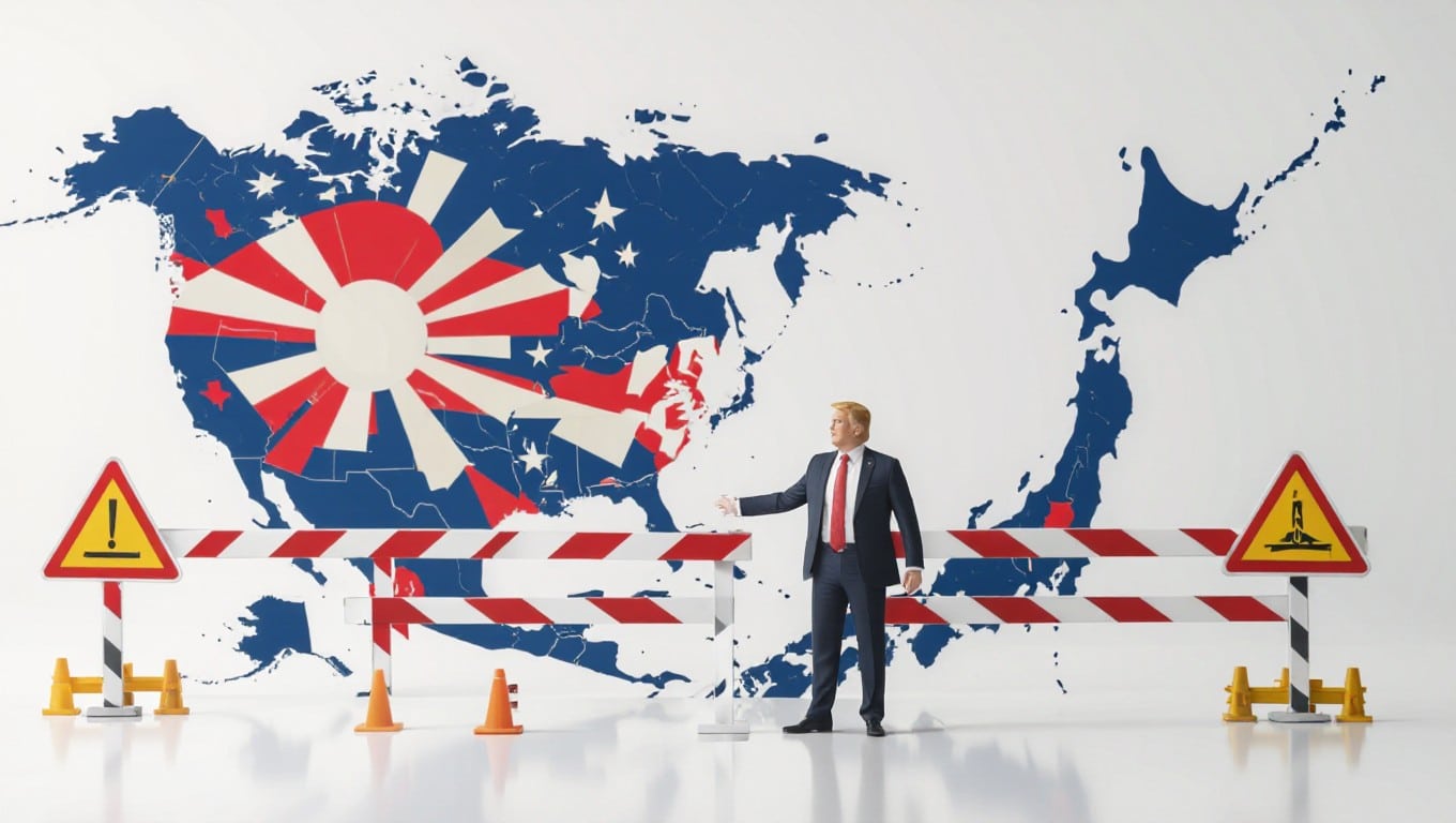 A map of the US and Japan with trade barriers and warning signs, symbolizing Trump’s statement about Japan being ‘spoiled’ and trade deal uncertainty.