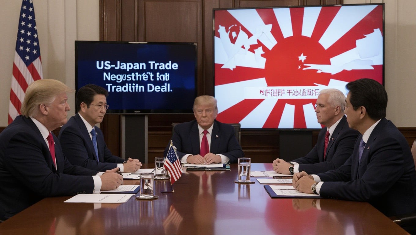 US and Japanese officials at a trade negotiation table, with Trump’s warning visible on the screen, highlighting the tension over the trade deal.