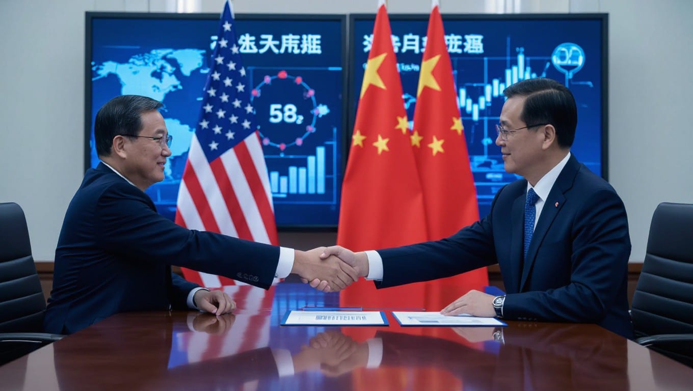 US and Chinese officials shaking hands after successful trade talks in London, marking the lifting of restrictions on chip design software exports.