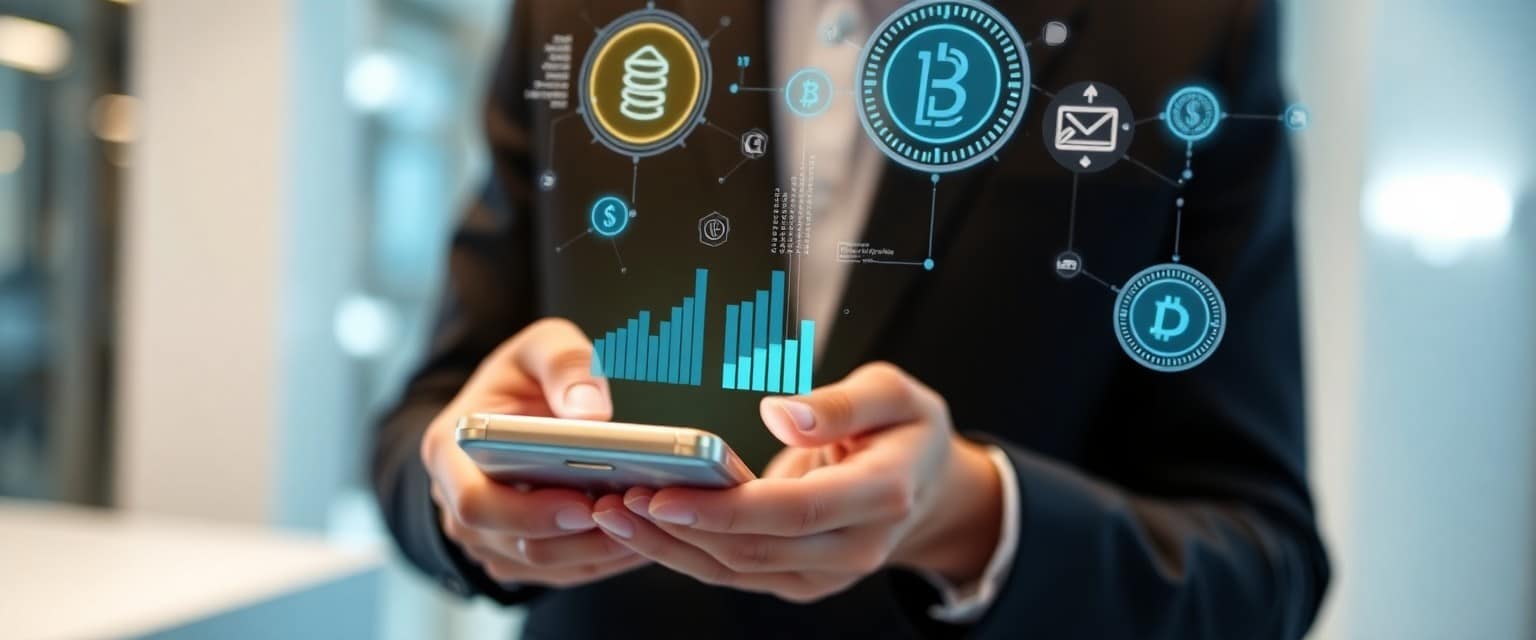 Person using a smartphone to interact with a DeFi application, with holographic financial data and blockchain symbols