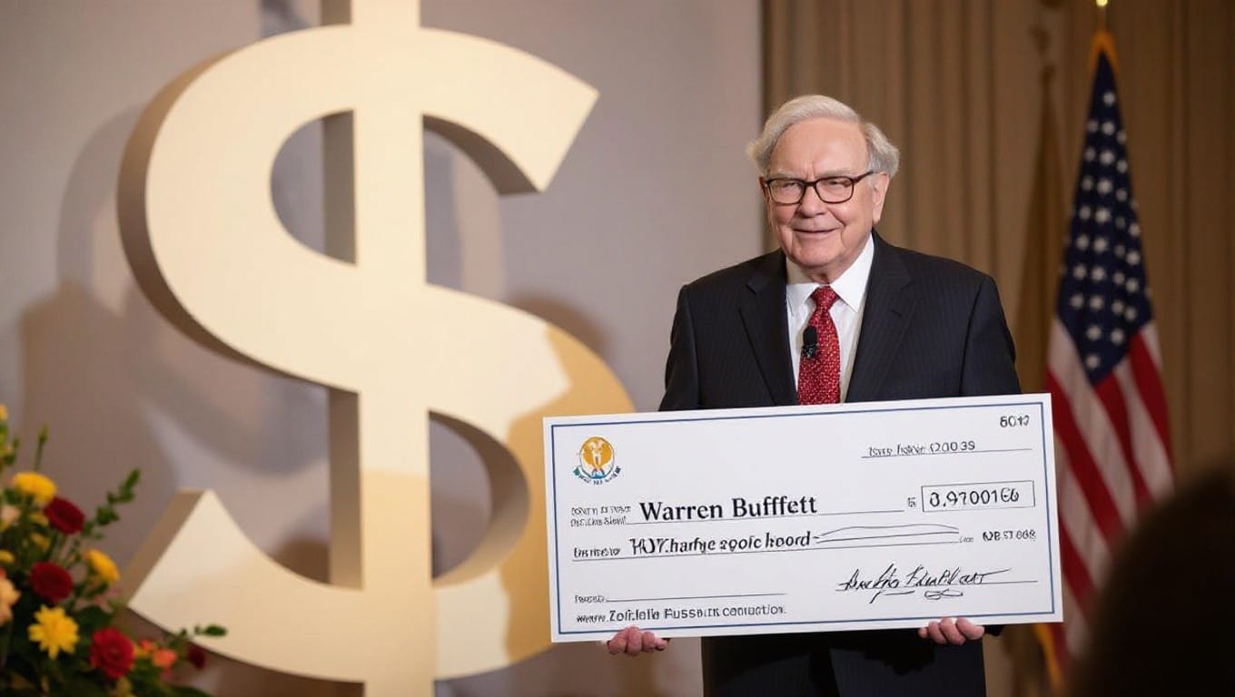 Warren Buffett presenting a large check symbolizing his record-breaking philanthropic donation at a charity event.