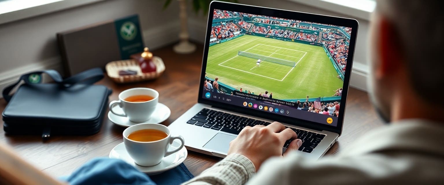 A person watching Wimbledon 2025 Men's Semifinals live on a laptop, with a cozy atmosphere and tennis memorabilia