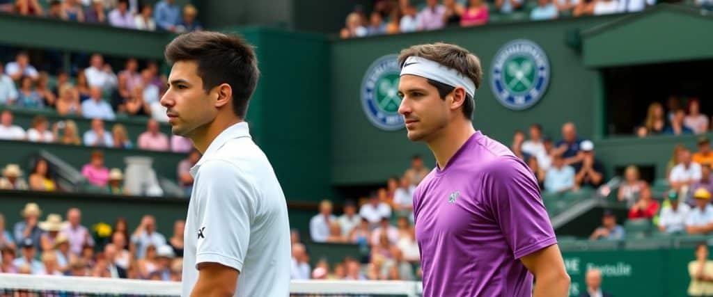 Carlos Alcaraz and Taylor Fritz playing in the Wimbledon 2025 Men's Semifinals with a vibrant tennis crowd