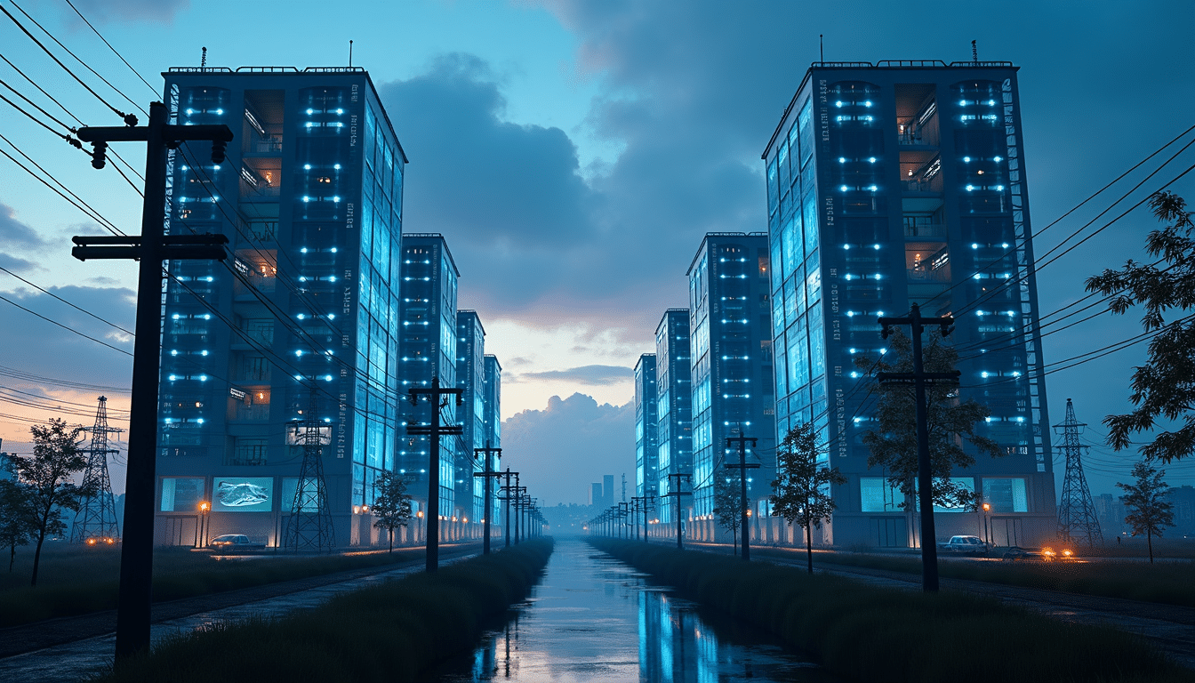 Photorealistic AI factory data center with neon-lit buildings at dusk.