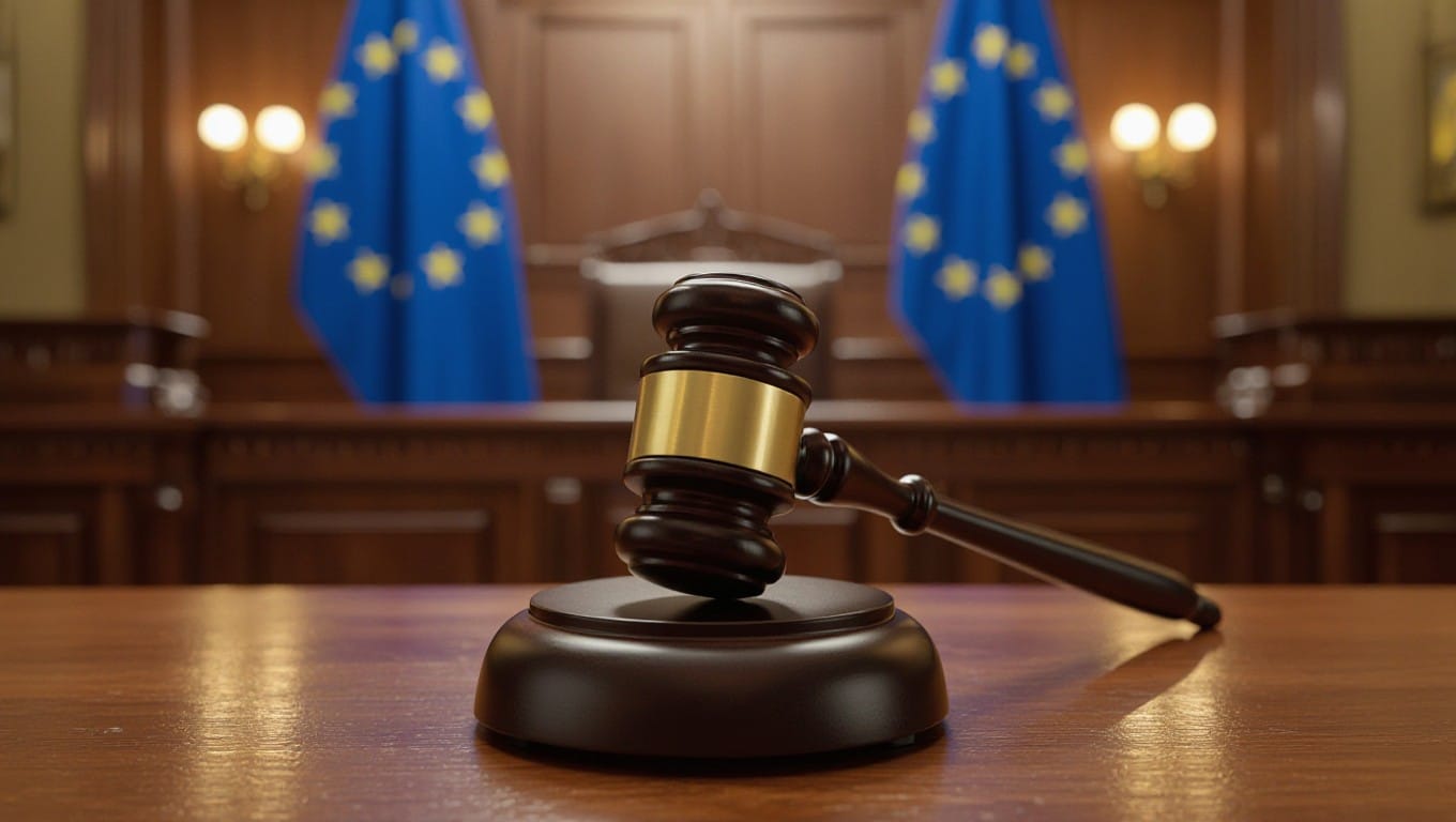 Judge gavel striking desk with Google and EU flags in courtroom
