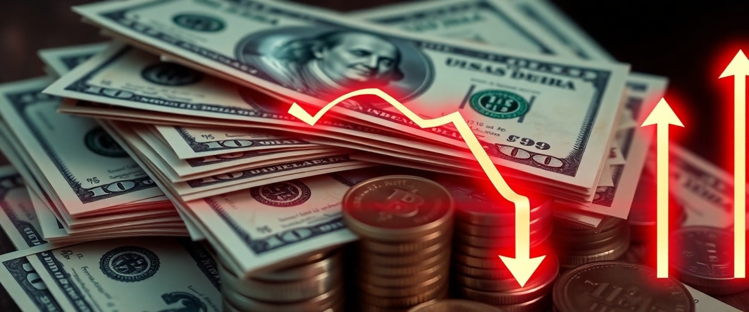 U.S. dollars with glowing arrows showing interest rate cuts.