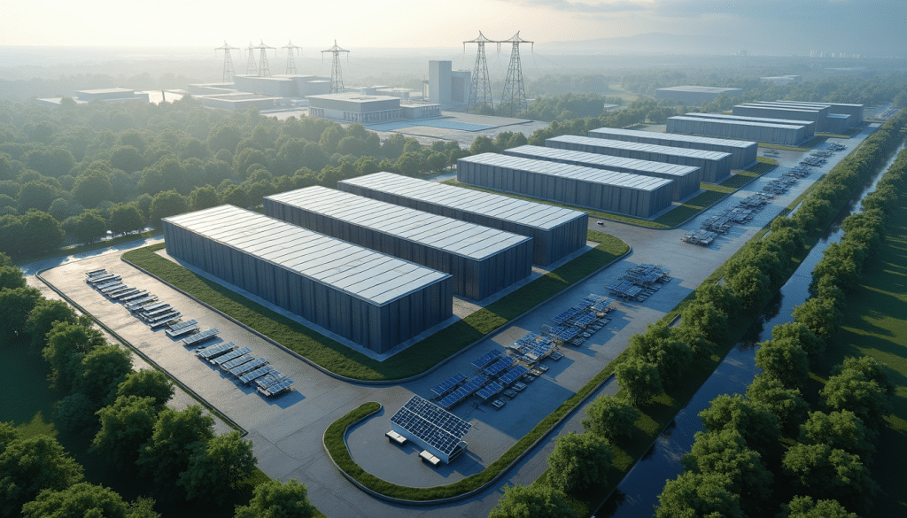 Aerial view of AI factory complex powered by energy plants and solar panels.