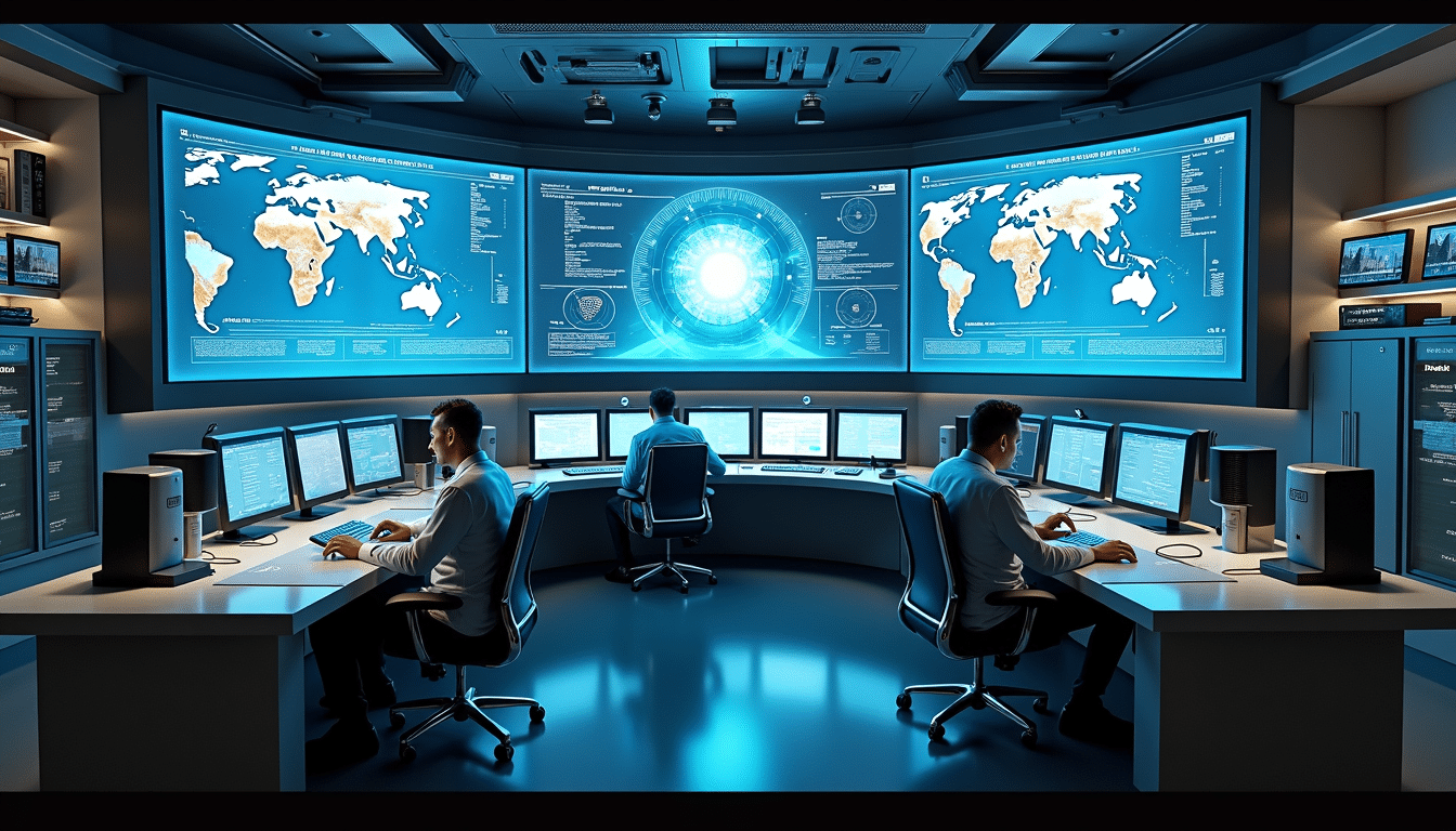 Photorealistic AI factory control room with engineers and large screens.