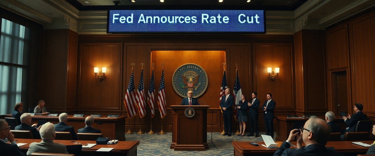 Federal Reserve press conference announcing interest rate cuts.