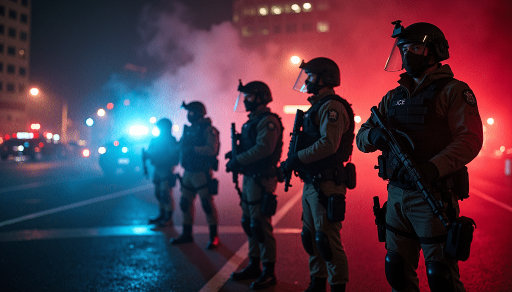 Federal troops in riot gear at Portland ICE facility during protests.