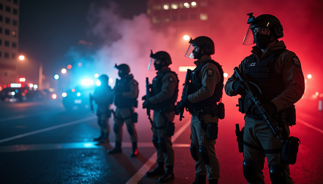 Federal troops in riot gear at Portland ICE facility during protests.