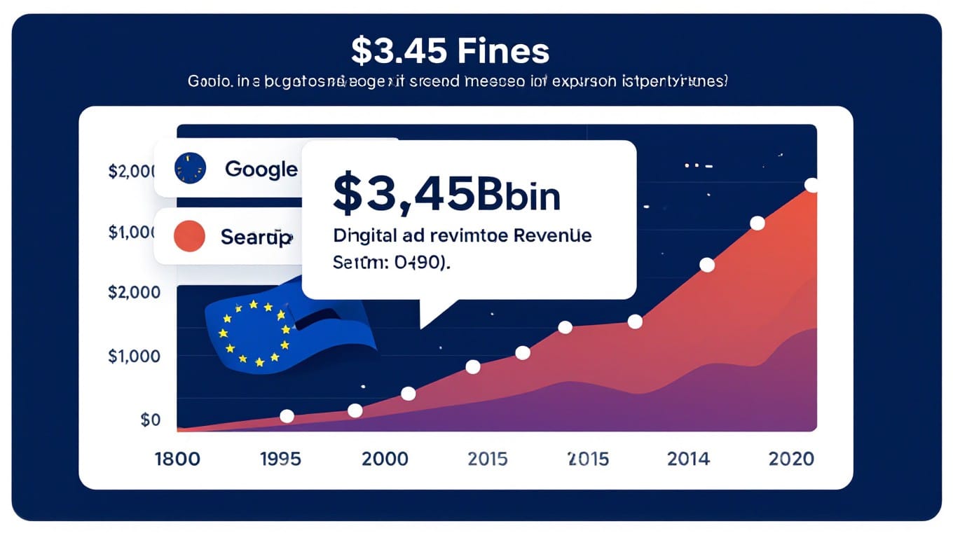 Infographic showing EU .45B antitrust fine impact on Google