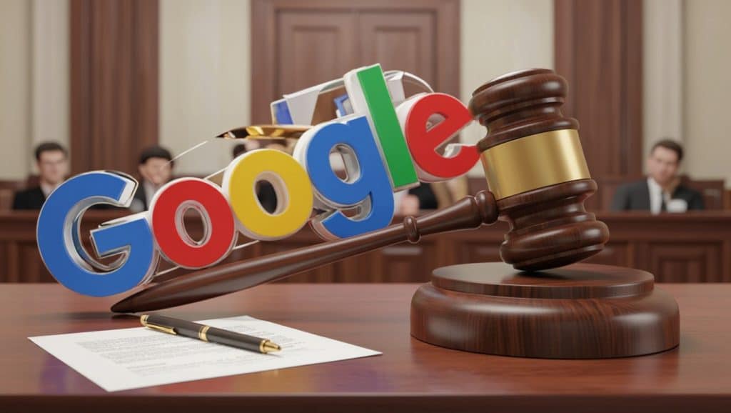 Google logo weighed down by EU gavel representing .45B antitrust fine