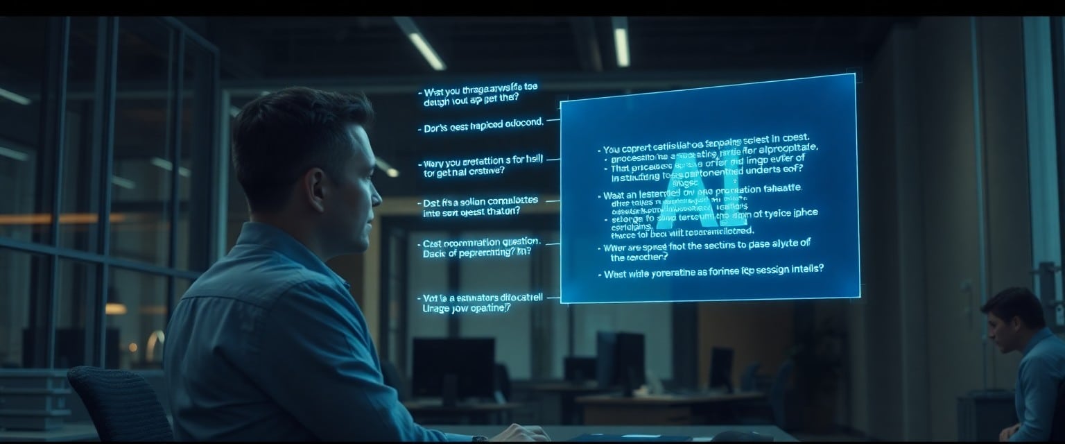 Business professional refining AI prompts with a holographic AI assistant.