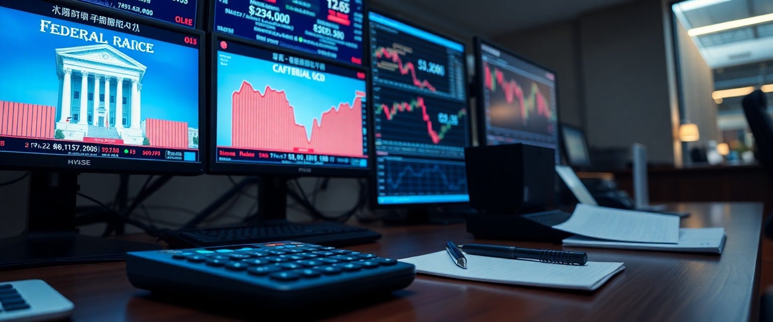 Trader’s desk with Fed interest rate cut charts on screens.