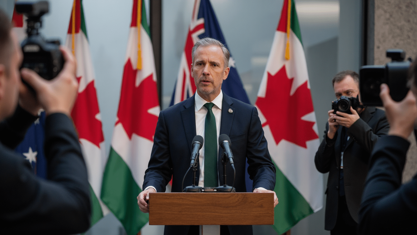 Press conference with Canadian, Australian, and Palestinian flags announcing recognition.