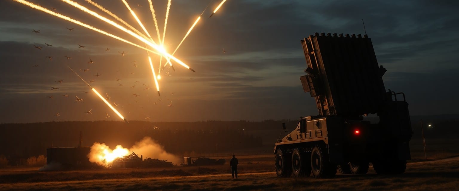 German Patriot missile battery intercepts Russian drones above Polish farmland at night.