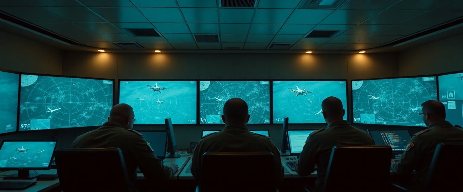 NATO military command center with officers monitoring drone activity over Poland.