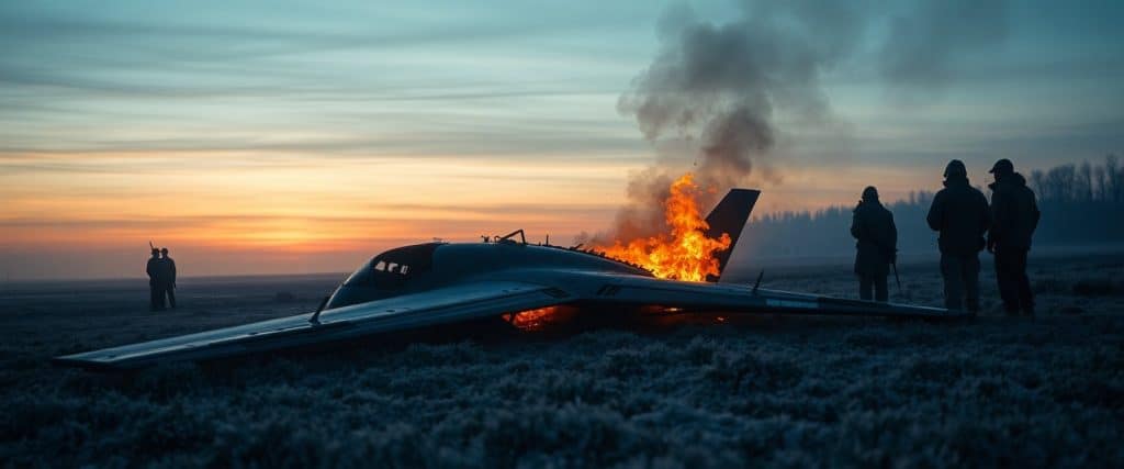 NATO soldiers inspect burning wreckage of a Russian drone in a Polish field.
