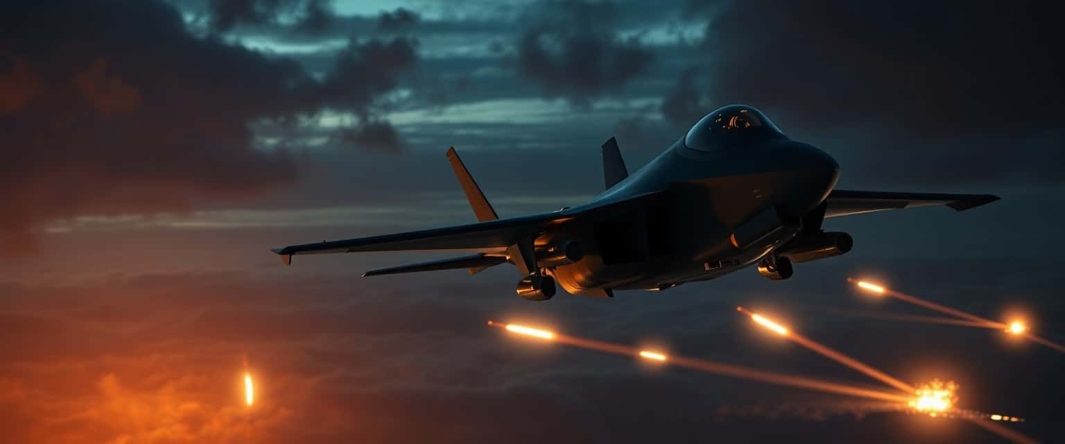 NATO F-35 fighter jet intercepts Russian drones over Poland at night with explosions in the sky.