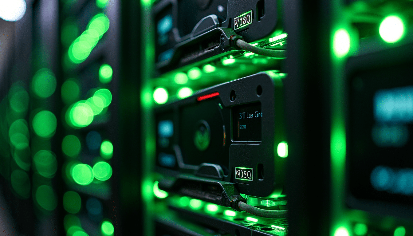 Photorealistic server racks with Nvidia GPUs glowing green.