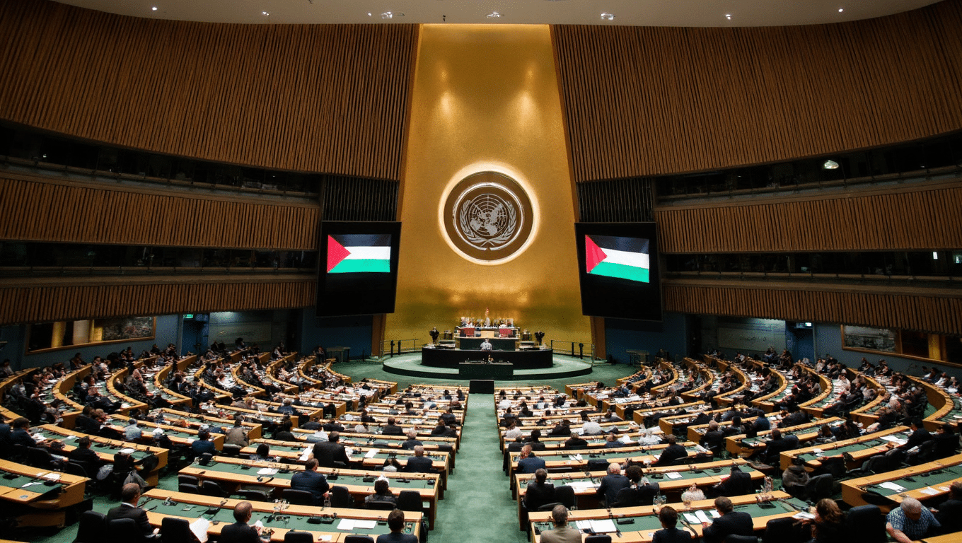 UN General Assembly with Palestinian flag on display during statehood discussions.