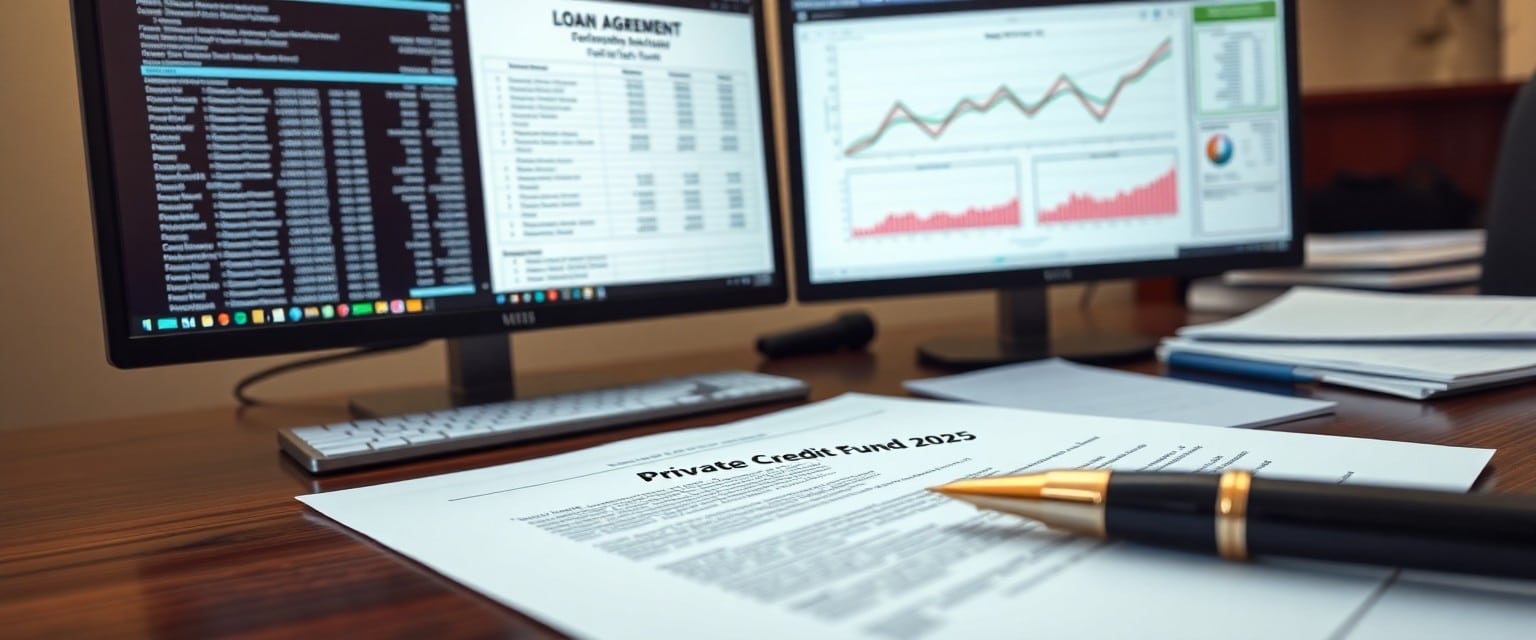 Analyst desk with private credit fund documents and financial data.
